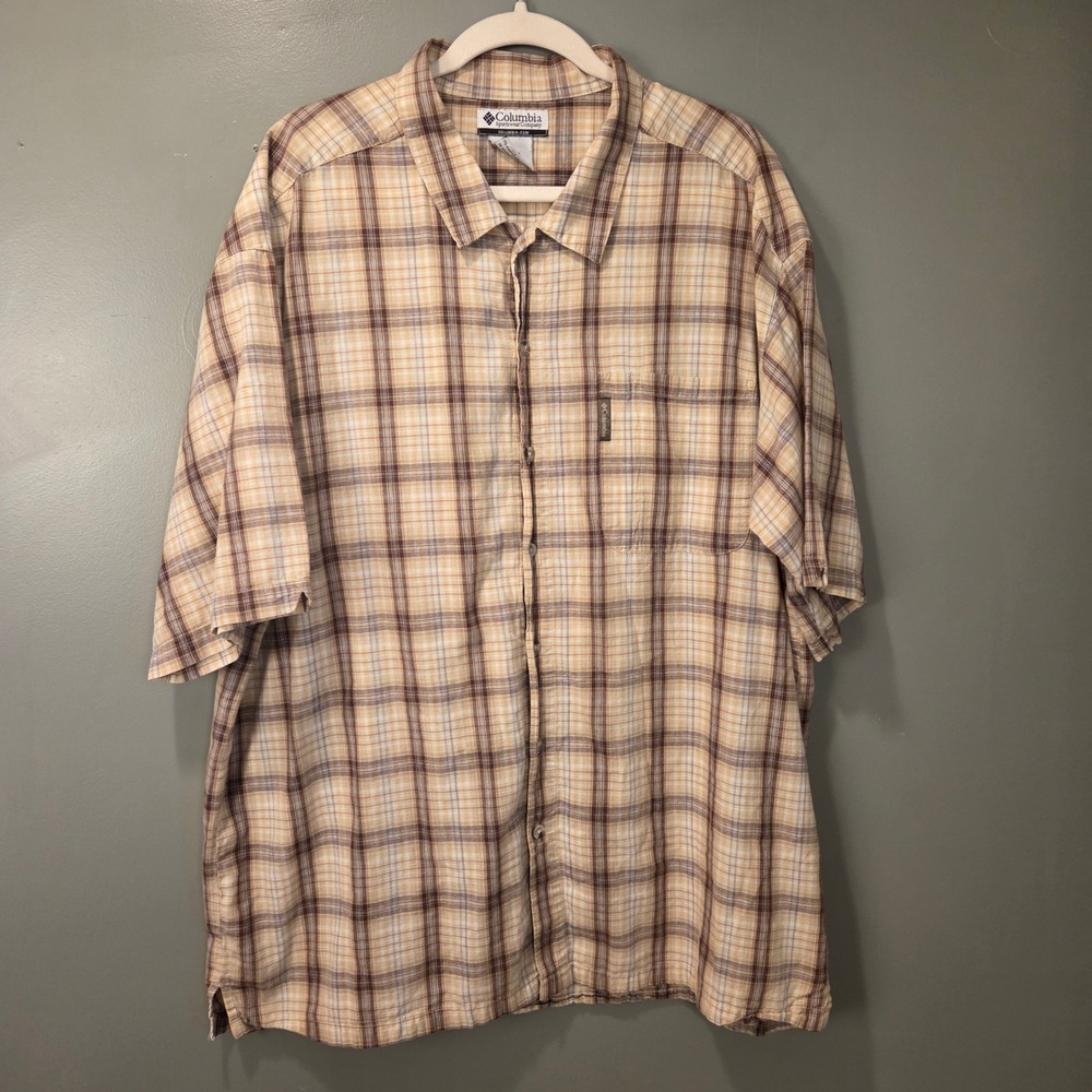 Columbia Men's Short Sleeve Button Up Shirt Size XXL Plaid Cream Brown Multi